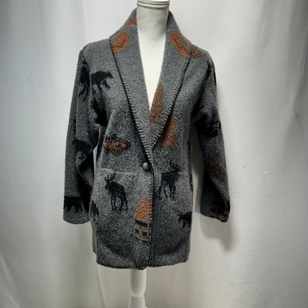 Vintage Andrea Faye Womens Gray Moose Bear‎ Print Button Front Cardigan Sweater